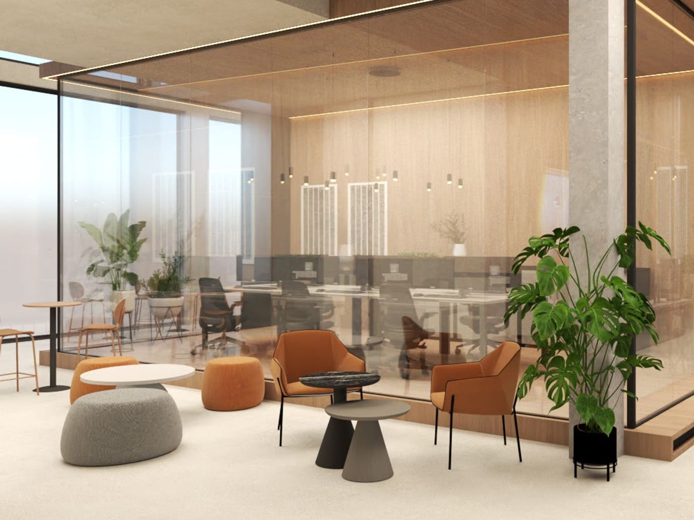 Render de una zona común con salas acristaladas al fondo, en la futura sede de Maspalomas.