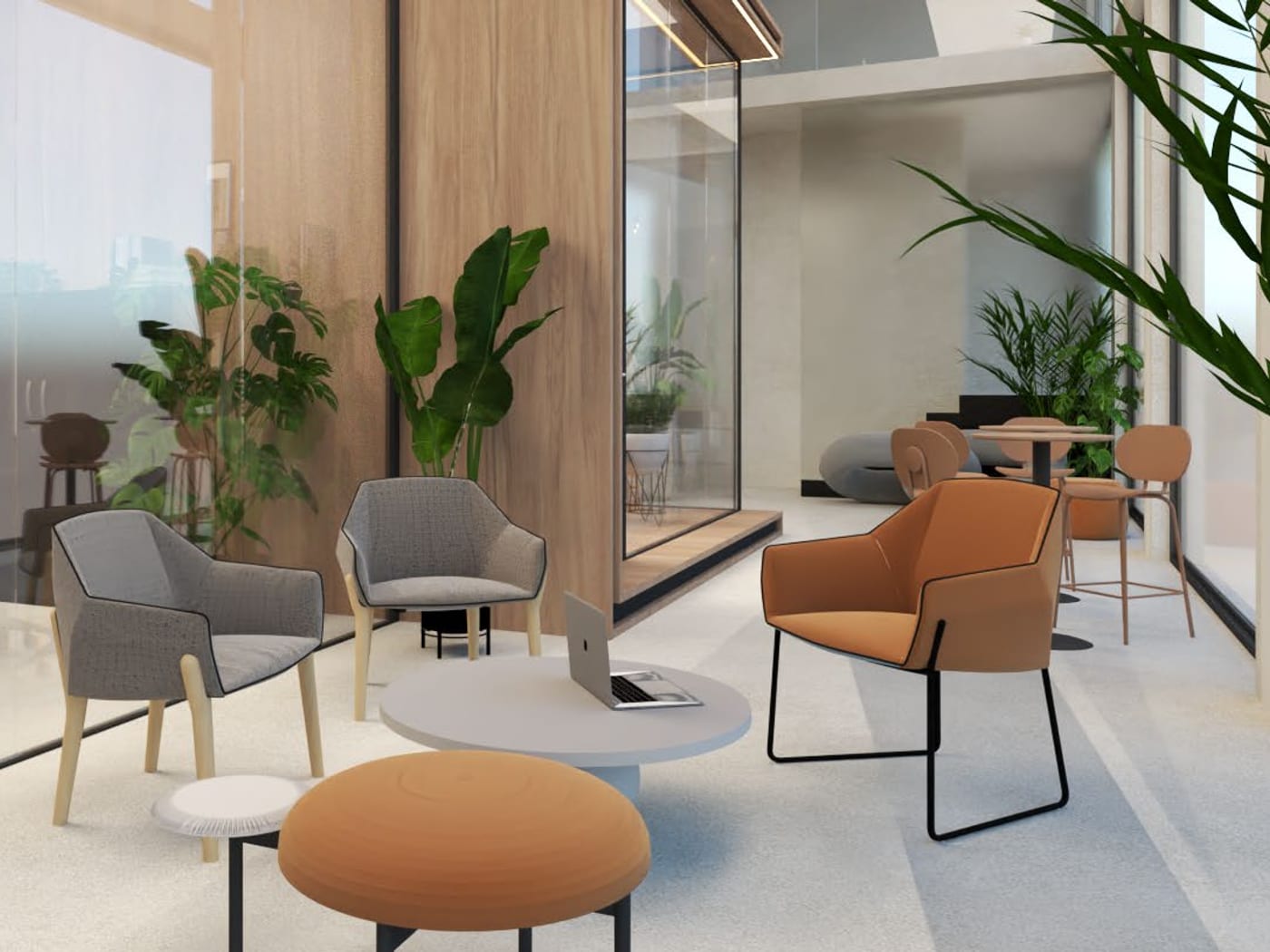 Render de la zona de estar de la futura sede de Maspalomas, con butacas y vegetación.