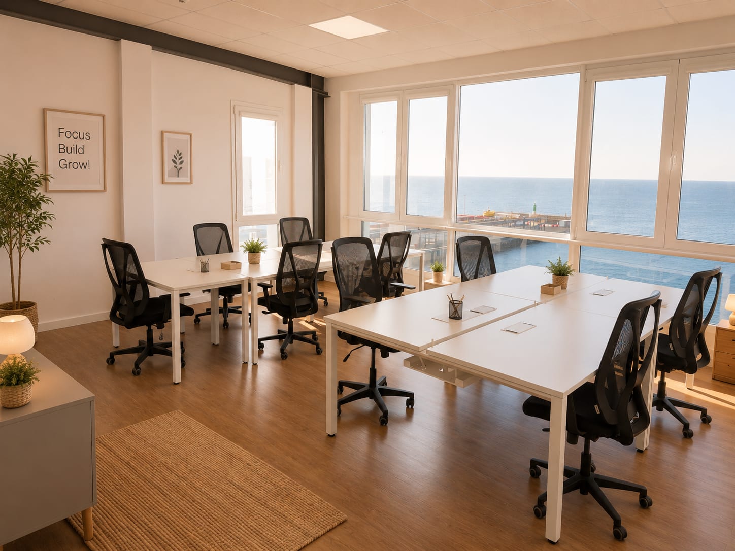 Oficina privada de Work In Cholas! con puestos para un equipo y vistas al mar.